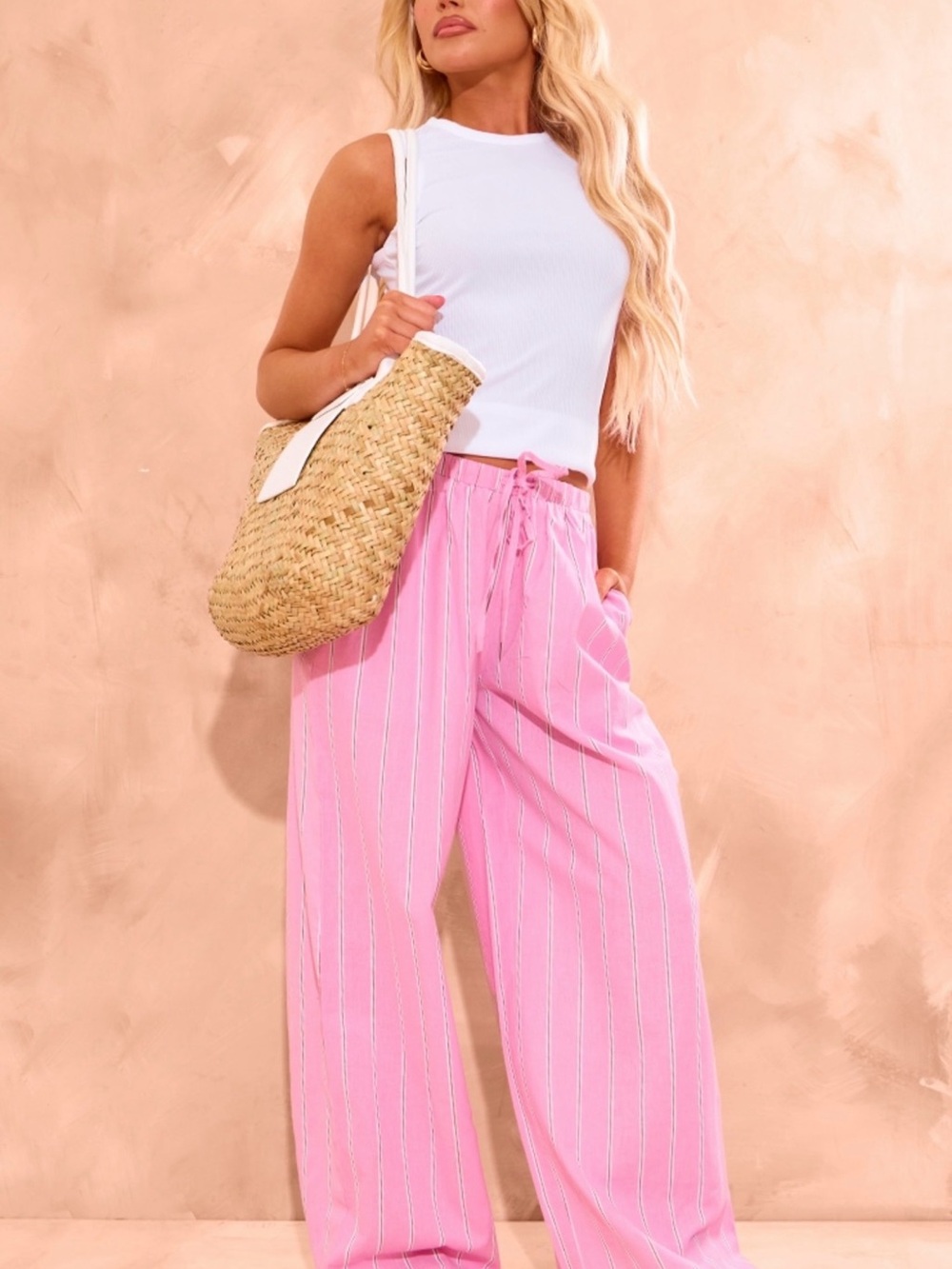 PrettyLittleThing Pink Striped Wide Leg Lounge Trousers